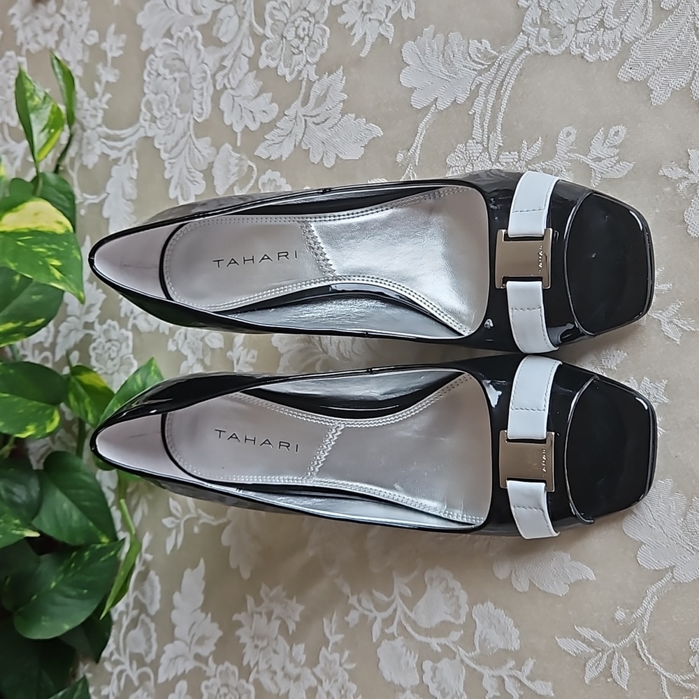 Tahari black and white peep-toe pumps